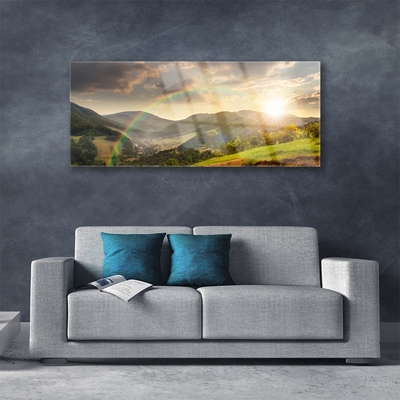 Glass Wall Art Sun rainbow mountains landscape multi