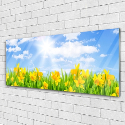 Glass Wall Art Jonquille sun floral green yellow white