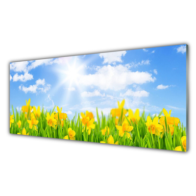 Glass Wall Art Jonquille sun floral green yellow white