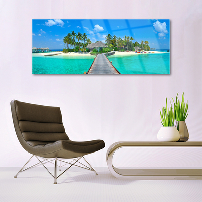 Glass Wall Art Beach palm trees bridge sea architecture brown green grey blue