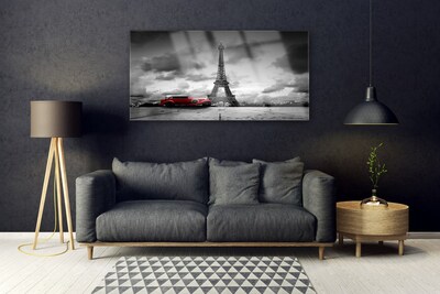 Glass Wall Art Eiffel tower car architecture grey red