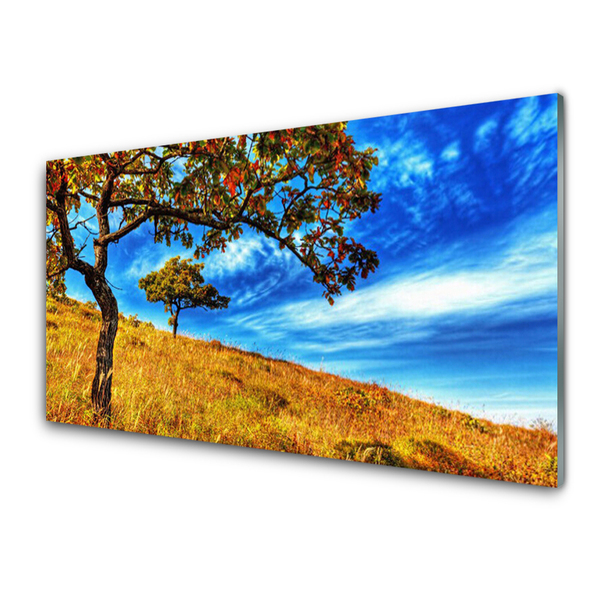 Glass Wall Art Meadow trees nature yellow brown