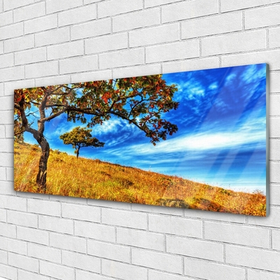 Glass Wall Art Meadow trees nature yellow brown