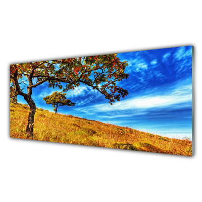 Glass Wall Art Meadow trees nature yellow brown