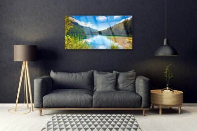 Glass Wall Art Mountain forest lake nature green blue