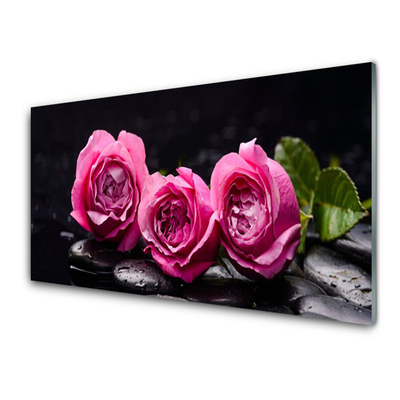 Glass Wall Art Roses stones floral red black