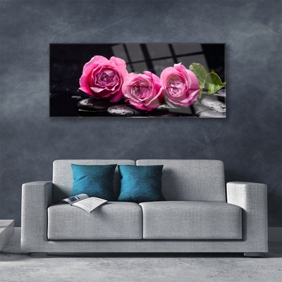 Glass Wall Art Roses stones floral red black