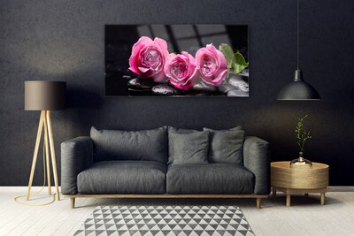 Glass Wall Art Roses stones floral red black