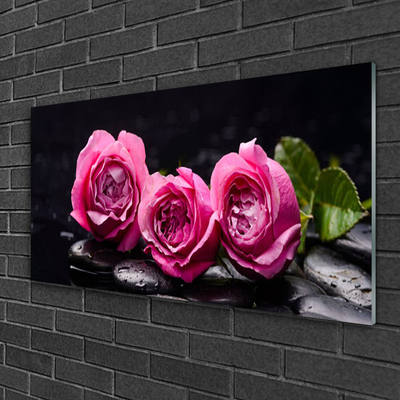 Glass Wall Art Roses stones floral red black