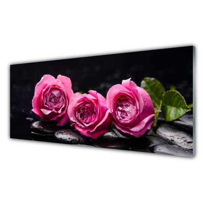 Glass Wall Art Roses stones floral red black