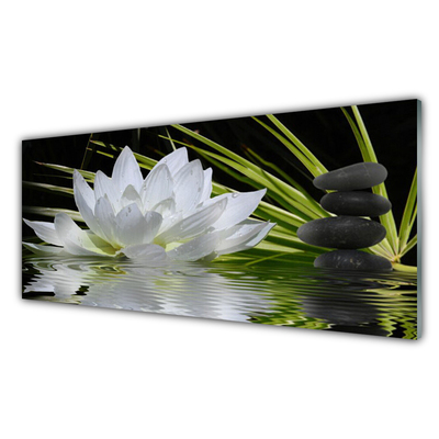 Glass Wall Art Flower stones water floral white black