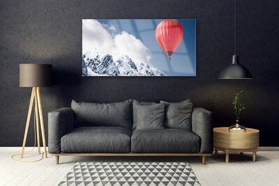 Glass Wall Art Hot air ballon mountain snow art orange grey white