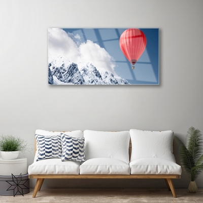 Glass Wall Art Hot air ballon mountain snow art orange grey white