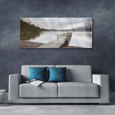 Glass Wall Art Lake forest bridge architecture green brown grey