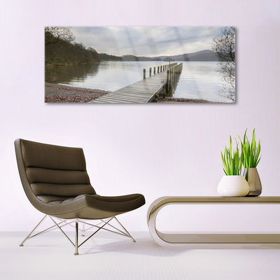 Glass Wall Art Lake forest bridge architecture green brown grey