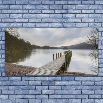 Glass Wall Art Lake forest bridge architecture green brown grey