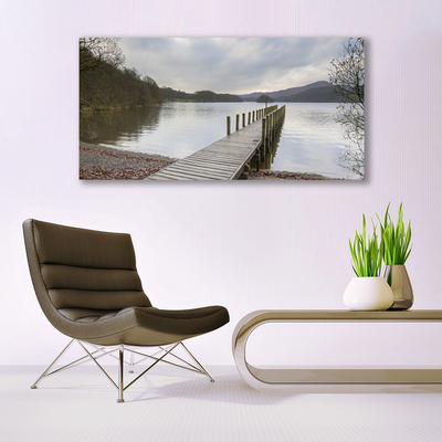 Glass Wall Art Lake forest bridge architecture green brown grey