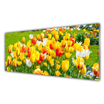 Glass Wall Art Tulips floral yellow red white