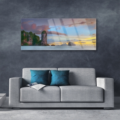 Glass Wall Art Sea mountains landscape grey green