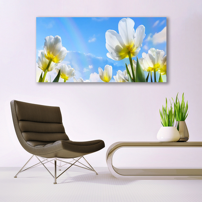 Glass Wall Art Flowers floral white green