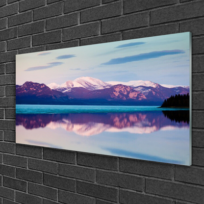Glass Wall Art Mountain lake landscape white brown blue black