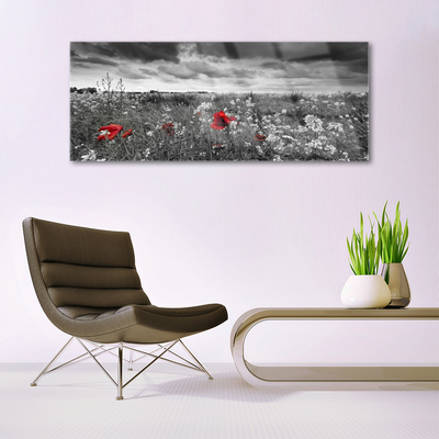 Glass Wall Art Meadow flowers nature grey red