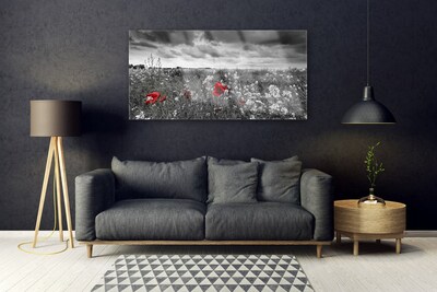 Glass Wall Art Meadow flowers nature grey red