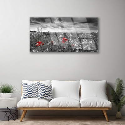 Glass Wall Art Meadow flowers nature grey red