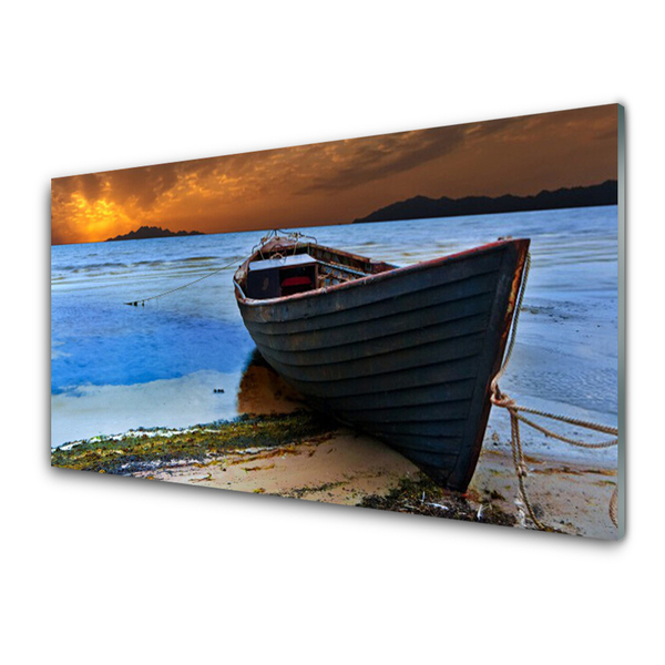 Glass Wall Art Beach boat sea landscape green brown grey blue