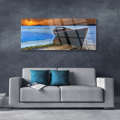 Glass Wall Art Beach boat sea landscape green brown grey blue