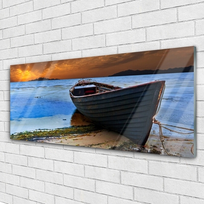 Glass Wall Art Beach boat sea landscape green brown grey blue