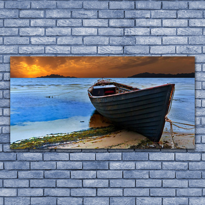 Glass Wall Art Beach boat sea landscape green brown grey blue