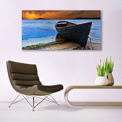 Glass Wall Art Beach boat sea landscape green brown grey blue