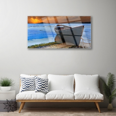 Glass Wall Art Beach boat sea landscape green brown grey blue