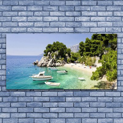 Glass Wall Art Sea boat beach rocks landscape blue white green grey
