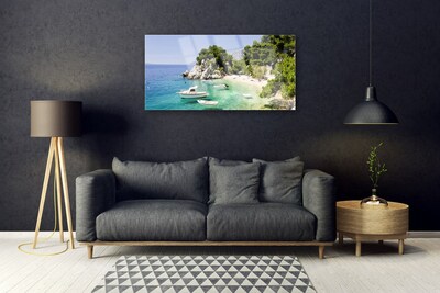 Glass Wall Art Sea boat beach rocks landscape blue white green grey