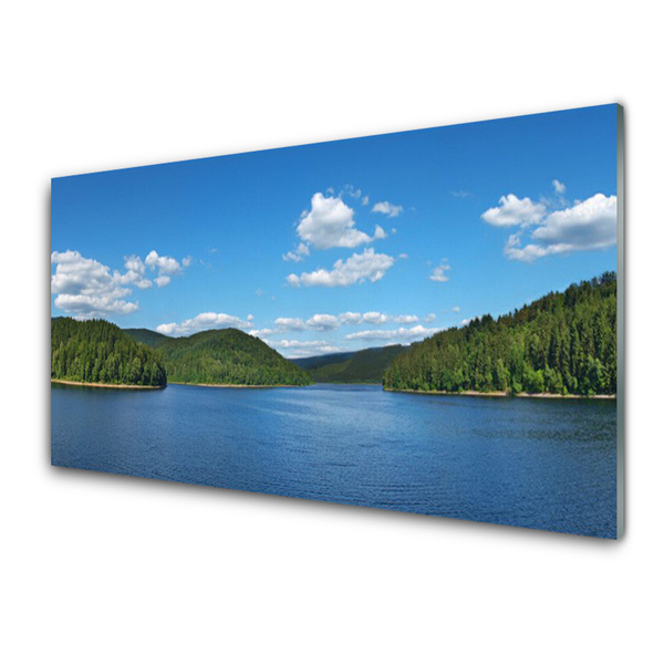 Glass Wall Art Lake forest landscape green blue