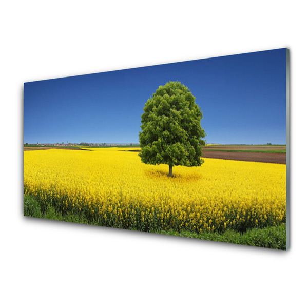 Glass Wall Art Meadow tree nature yellow brown green