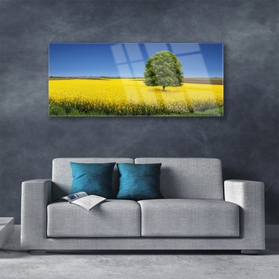 Glass Wall Art Meadow tree nature yellow brown green