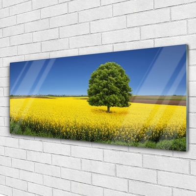 Glass Wall Art Meadow tree nature yellow brown green