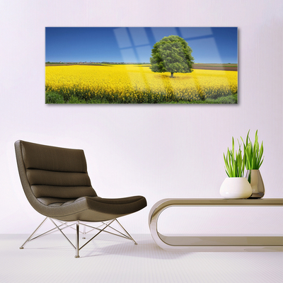 Glass Wall Art Meadow tree nature yellow brown green