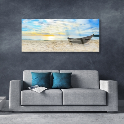 Glass Wall Art Boat beach landscape grey brown