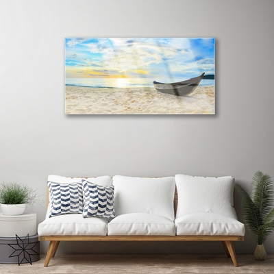 Glass Wall Art Boat beach landscape grey brown