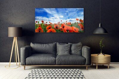 Glass Wall Art Meadow poppies floral green red