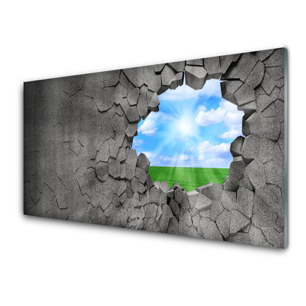 Glass Wall Art Hole grass sky art grey blue green