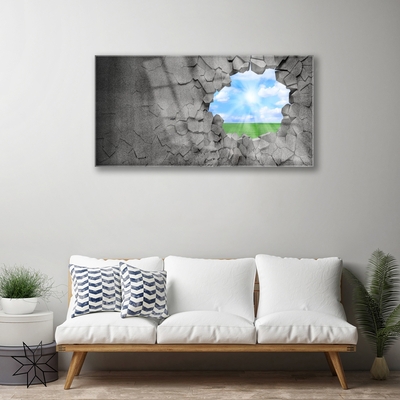 Glass Wall Art Hole grass sky art grey blue green