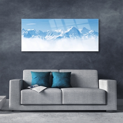 Glass Wall Art Mountain fog landscape blue white