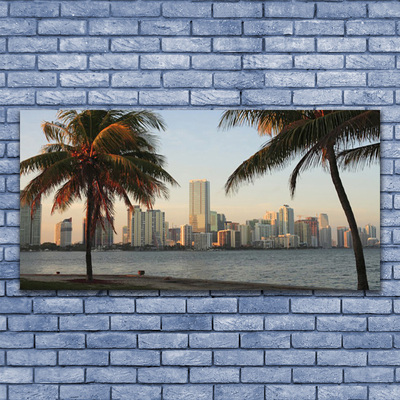 Glass Wall Art City palm trees houses brown green grey