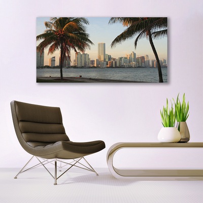 Glass Wall Art City palm trees houses brown green grey