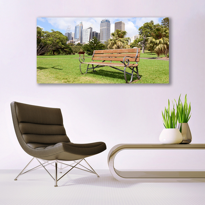 Acrylic Print Park skyscrapers nature green brown blue